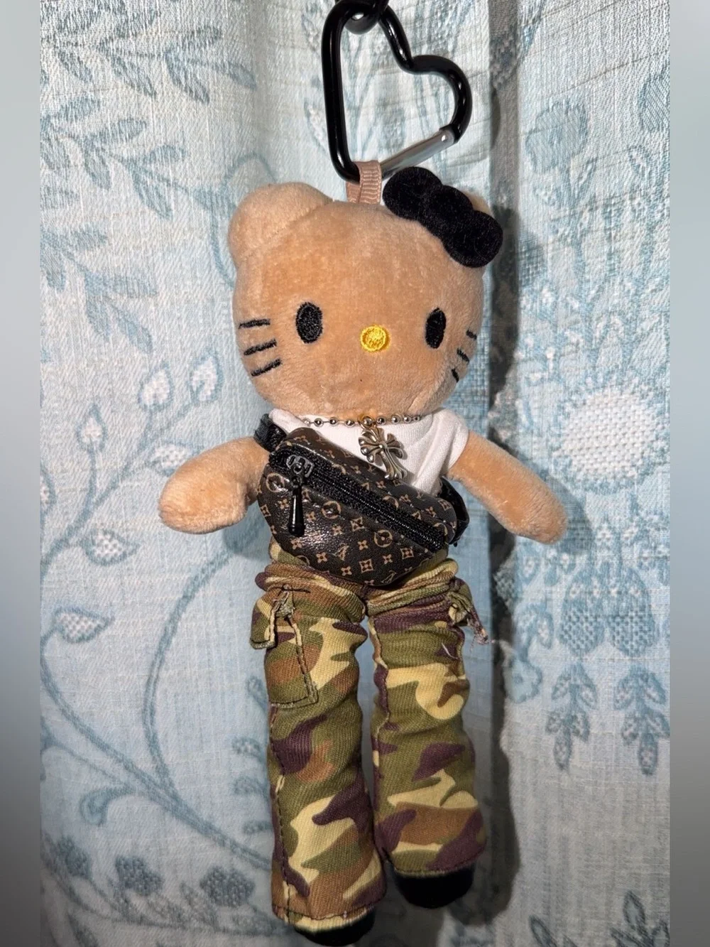 Hello Kitty Tan Plush Keychain with Black Bow and Camo Pants